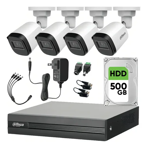 Kit Videovigilancia Cronos 4 Cámaras Dahua Bala B1a21n 2 Mp + Disco Duro 500 Gb + Baluns + Accesorios - Kit Cctv B1a21n-low-sc (dvr Dahua Xvr1b04-i Circuito Cerrado)