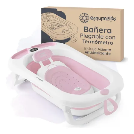 Bañera Para Bebé Con Termómetro Esquimal, Tina De Baño Plegable Con Asiento Antideslizante, Recién Nacidos Hasta Niños De 3 Años ( Rosa )