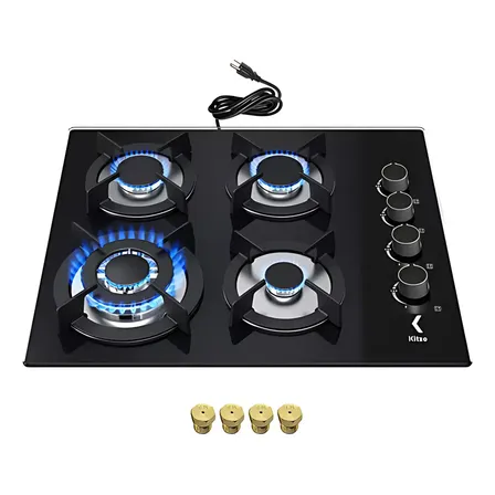 Parrilla Estufa Empotrable Gas 4 Quemadores Estufa De Mesa Gas Lp Y Natural Vidrio Templado Color Negro Kitzo