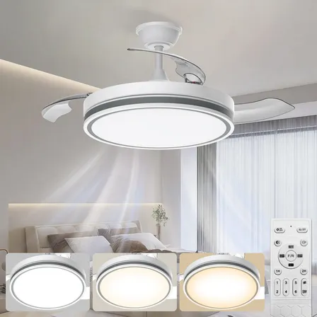 Ventilador De Techo Dorado Retráctil 42 Con Luz Led De 3 Tonos, Motor Dc Silencioso, 6 Velocidades, Control Remoto,... Blanco 1.067 M