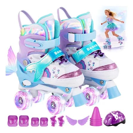 Patines De 4 Ruedas Ajustable Niño Y Niña Luz+kit Seguridad