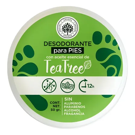 Desodorante De Pies Con Aceite De Tea Tree |neutraliza El Mal Olor Y Abosorbe Humedad |protección Natural| Sin Parabenos, Aluminio, Talco|perfecto Para Viajes| Fórmula Suave E Hidratante |50gr Árbora