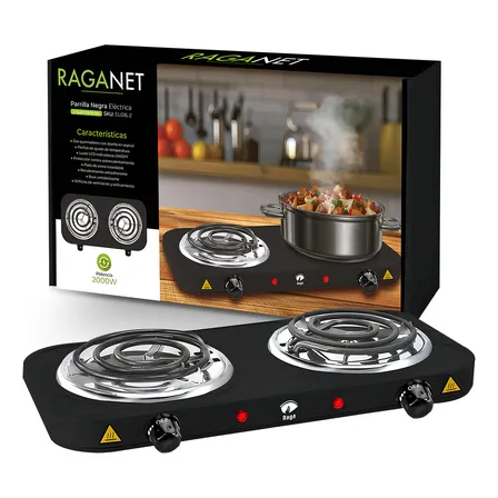 Parrilla Eléctrica Raga 2 Quemadores Acero Inoxidable 2000w Color Negro