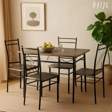 Juego De Comedor Rectangular Mesa Con 4 Sillas Superficie Madera Mdf Y Estructura Metalica Para 4 Personas Marrón