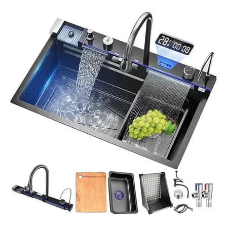 Urpow Fregadero De Organizadores Cocina Tarja De Acero Inoxidable 304 Cascada Acero 80x46 Con Accesorios Negro