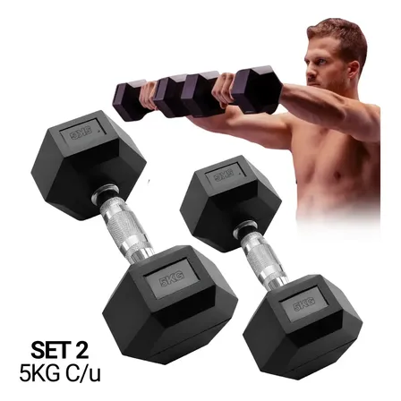 Set De 2 Pesas Hexagonales De 5 Kg / 11.5lb Found Kit Mancuernas Hexagonales Acero Recubrimiento De Caucho, Diseño Estable, Resistentes Y Funcionales Para Entrenamiento En Casa Y Gimnasio Negro