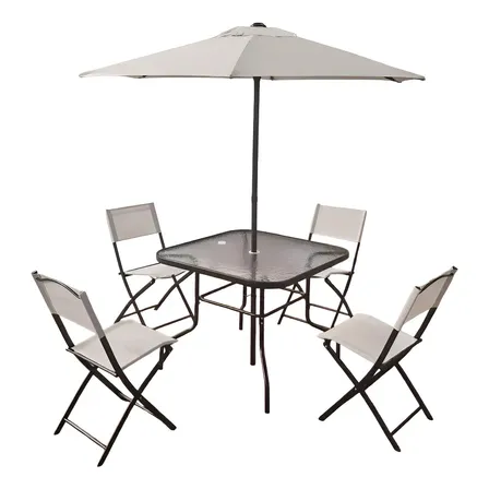 Juego De Jardín Para Exterior Patio Jardín Con Sombrilla 4 Sillas Mesa Vidrio Templado Kingshouse Gris Liso