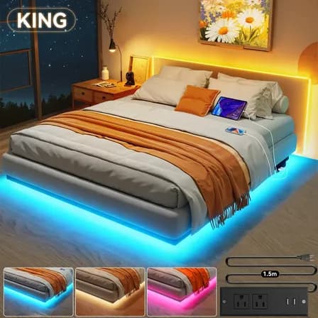 Furrific Base Cama King Size Floating Metal Con Estación De Carga Y Luces Led Ajustables, No Necesita Somier (203 Cm X 193 Cm X 19.5 Cm) Negro