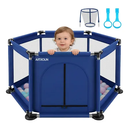 Corral Bebe Corralitos Plegable De Juegos Bebés Y Niños Corralito Hexagonal Transportable Corral De Seguridad Gimnasio... Azul Oscuro Tela Oxford