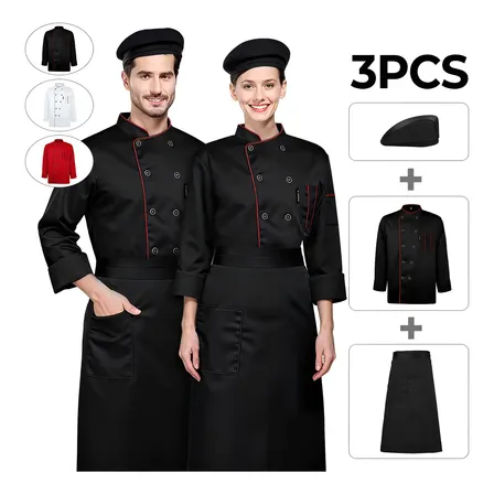 3pcs Filipina Chef Manga Largas+ Gorro Cocina+ Mandil Unisex