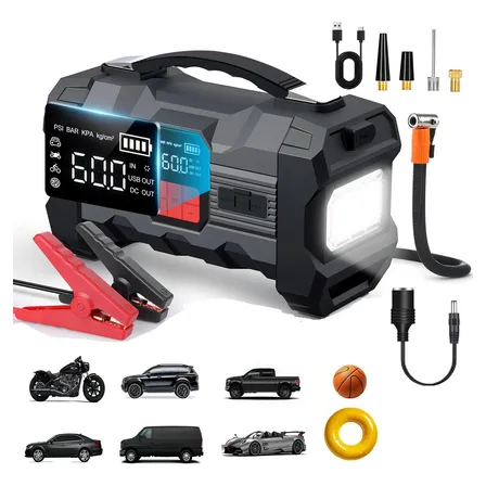 Arrancador De Batería De Auto Portátil Zukaka 9000a 26800mah Con Compresor De Aire Inflador 150psi Para 4 A 8 Cilindros Auto Y Motos,herramientas Arrancador De Emergencia Color Negro