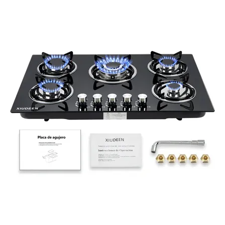 Parrilla De Gas Empotrables Estufas 5 Quemadores Cristal Templado Color Negro Gas Lp O Gas Natural Xiudeen