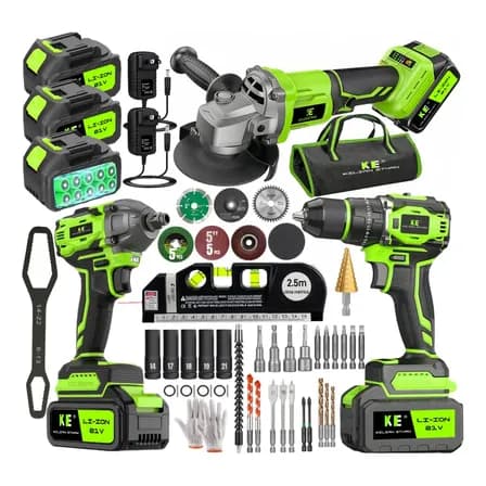 Kit 3en1 Taladro Percutor Brushless + Esmeriladora Inalámbrica + Llave Impacto Sin Escobillas Profesional, 3×4ah... Verde 50hz/60hz