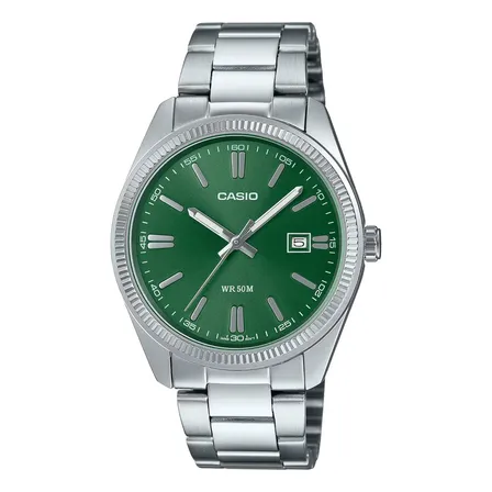 Reloj Casio Analógico Mtp-1302d-3av Hombre Correa Plateado Bisel Plateado Fondo Verde Oscuro