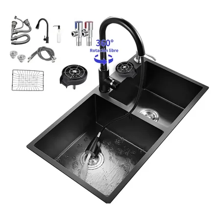 Fregadero De Cocina De Doble Seno Juego Completo De Acero Inoxidable 80 × 45 × 22 Cm Apto Para Múltiples Escenarios Resistente A Aceite Y Suciedad Bokoptyr-8045-sh Color Gris Oscuro 2