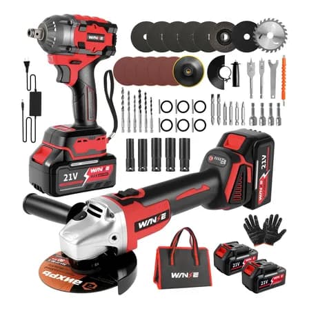 Llave De Impacto Electrico Y Esmeriladoras Angular Inalámbrica Sin Escobillas 2 Baterías Wanse Incluye Una Amplia Gama De Accesorios Rojo