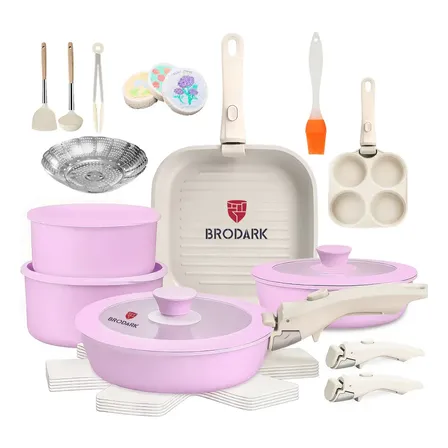 Brodark 25 Piezas Juego De Sartenes Antiadherentes Batería De Cocina Ollas Antiadherentes Sartenes Wok Gruesa, Para Induccion Horno Y Gas, Con Vaporeras Mangos Desmontables Y Tapas De Vidrio Lila