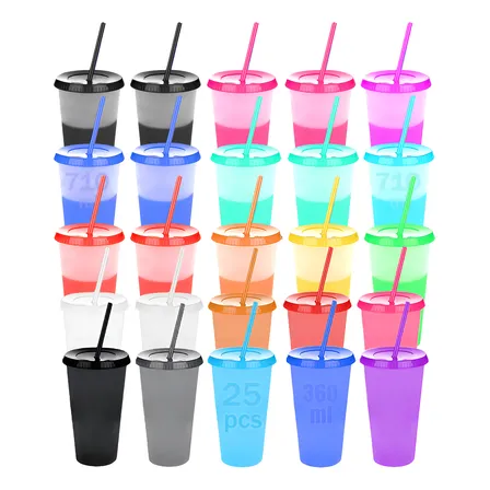 25pzs Vasos Magicos Cambian De Color Con Tapa Y Popote 710ml