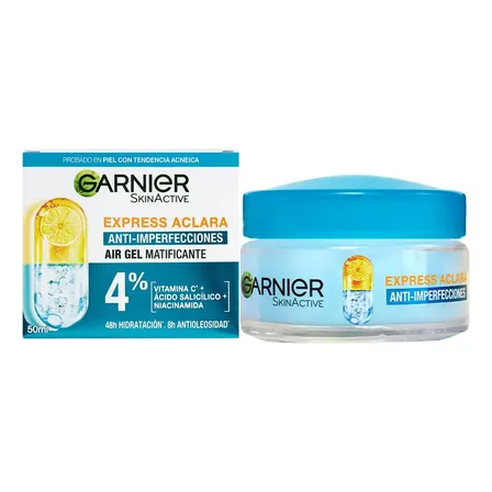 Garnier Express Aclara Anti-imperfecciones Crema Gel Matificante Con Niacinamida, Vitamina C Y Ácido Salicílico, 48h De Hidratación Y Control De Oleosidad, 50 M Grasa Día/noche