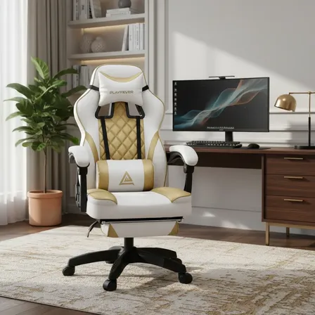 Silla Gamer Playfever Omega Escritorio Ergonomica Reclinable Color Dorado Perla Material Del Tapizado Cuero Sintético