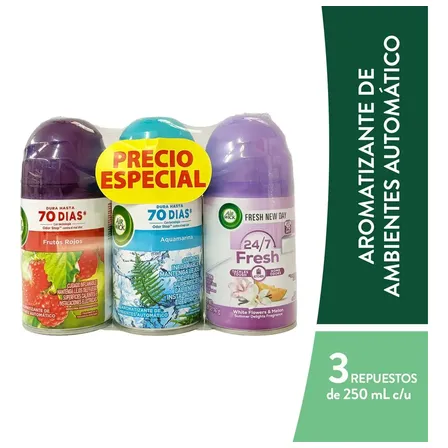 Air Wick Repuestos Aromatizante Automático 3 X 250 Ml Aquamarina, Frutos Rojos Y Melón - Hasta 70 Días