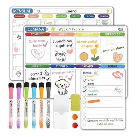 3 Calendario Magnético Borrado En Seco Para Refrigerador Esp